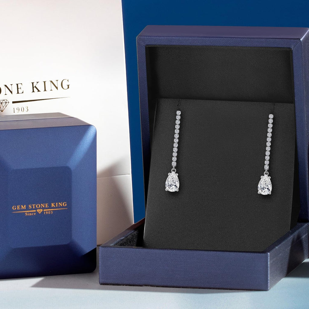 Gem Stone King 1.82 Cttw 14K White Gold White Lab Grown Diamond Long Liner Dangle Teardrop Earrings for Women | Pear Shape 8X5MM | F-G Color | VS1 Clarity | White Gold Chain Drop Earring