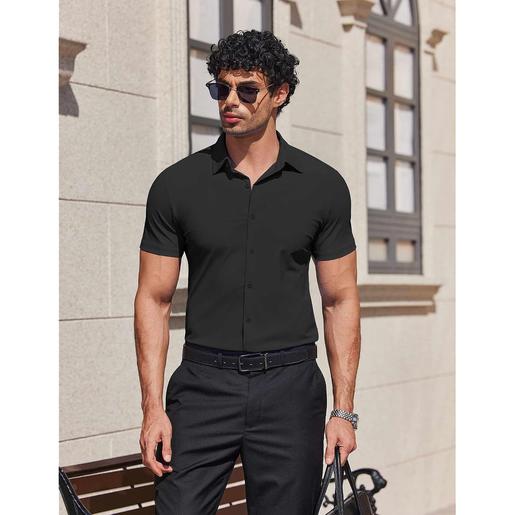 Coofandy Mens Muscle Fit Dress Shirts Stretch Wrinkle Free Short Sleeve Button Down Shirt Casual Solid Untucked Shirt