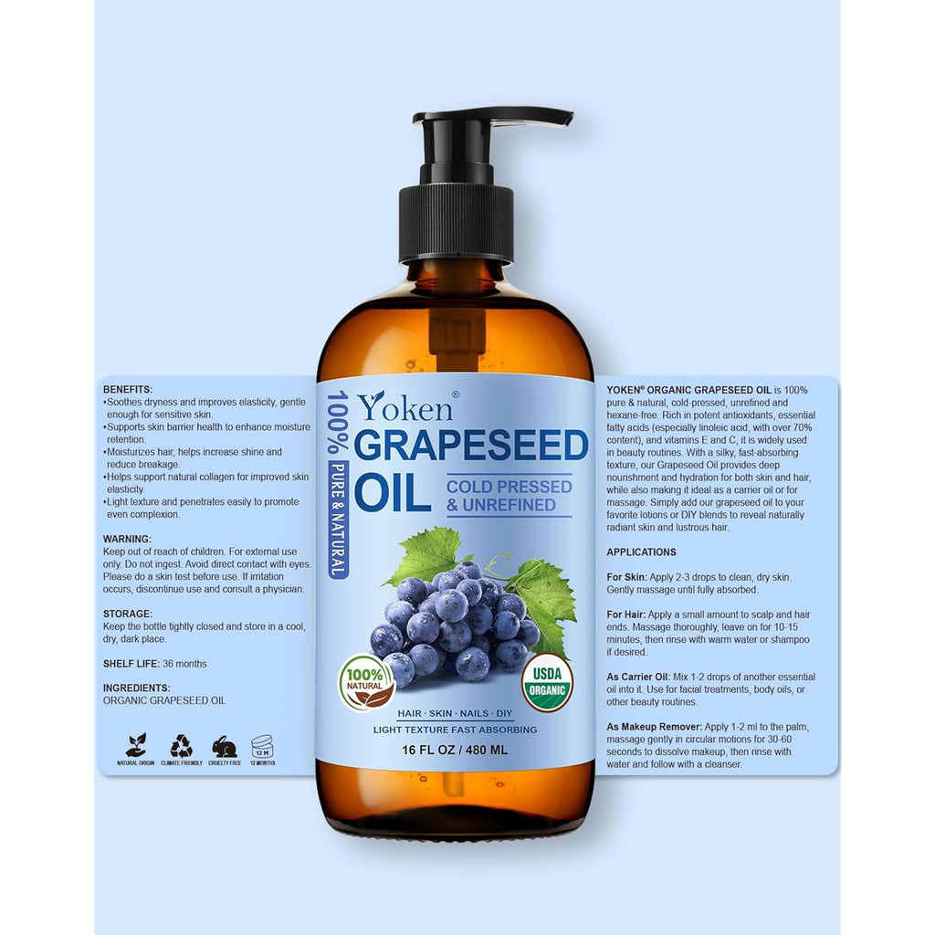 Yoken Organic Grapeseed Oil 16 Oz Glass Bottle - Usda 100% Pure & Natural Cold Pressed Grape Seed Carrier Oil For Skin & Hair - Single Ingredient, Hexane Free, Light & Silky Body Moisturizer