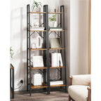 Hzuaneri Ladder Shelf, Bookshelf Bookcase, Freestanding Corner Storage Shelve With 2 Hooks For Home Office, Living Room, Kitchen, Bedroom, Industrial, 11.8" D X 13.4" W X 63" H, Rustic Brown Bc03201B
