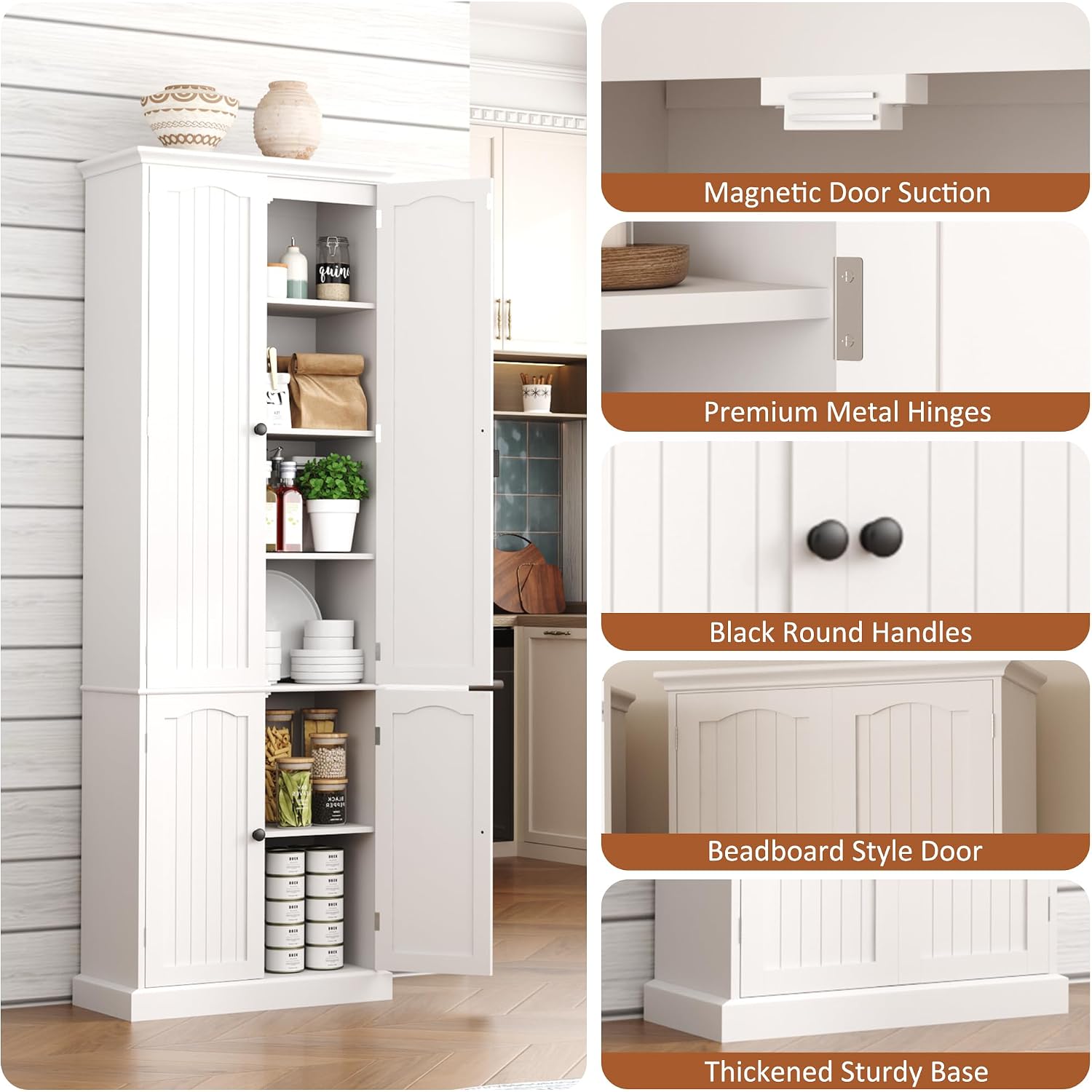 Function Home 72" Kitchen Pantry Cabinet, Tall Wood Storage Cabinet With Doors And Adjustable Shelves, 6-Tier Freestanding Cupboard For Kitchen Dining Room Living Room Bathroom, White