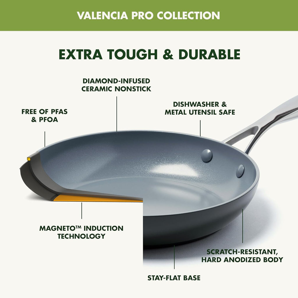 GreenPan Valencia Pro Ceramic Nonstick 8" 9.5" & 11" Fry Pan Skillet Set, Hard Anodized PFAS-Free, Induction Ready, Compatible on All Cooktops, Dishwasher Safe, Oven Safe to 600F, Gray