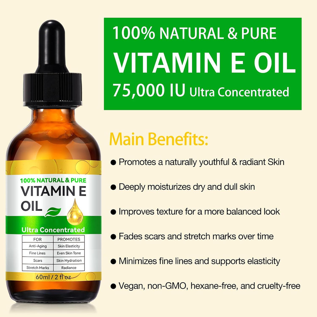 Flasture Vitamin E Oil 75,000 Iu – 100% Pure Natural Vitamin E For Skin, Face, Hair, Scars – Deep Moisturizing Body Oil For Dry Skin, Wrinkles – Cold-Pressed, Non-Gmo,Skincare – 2 Fl Oz