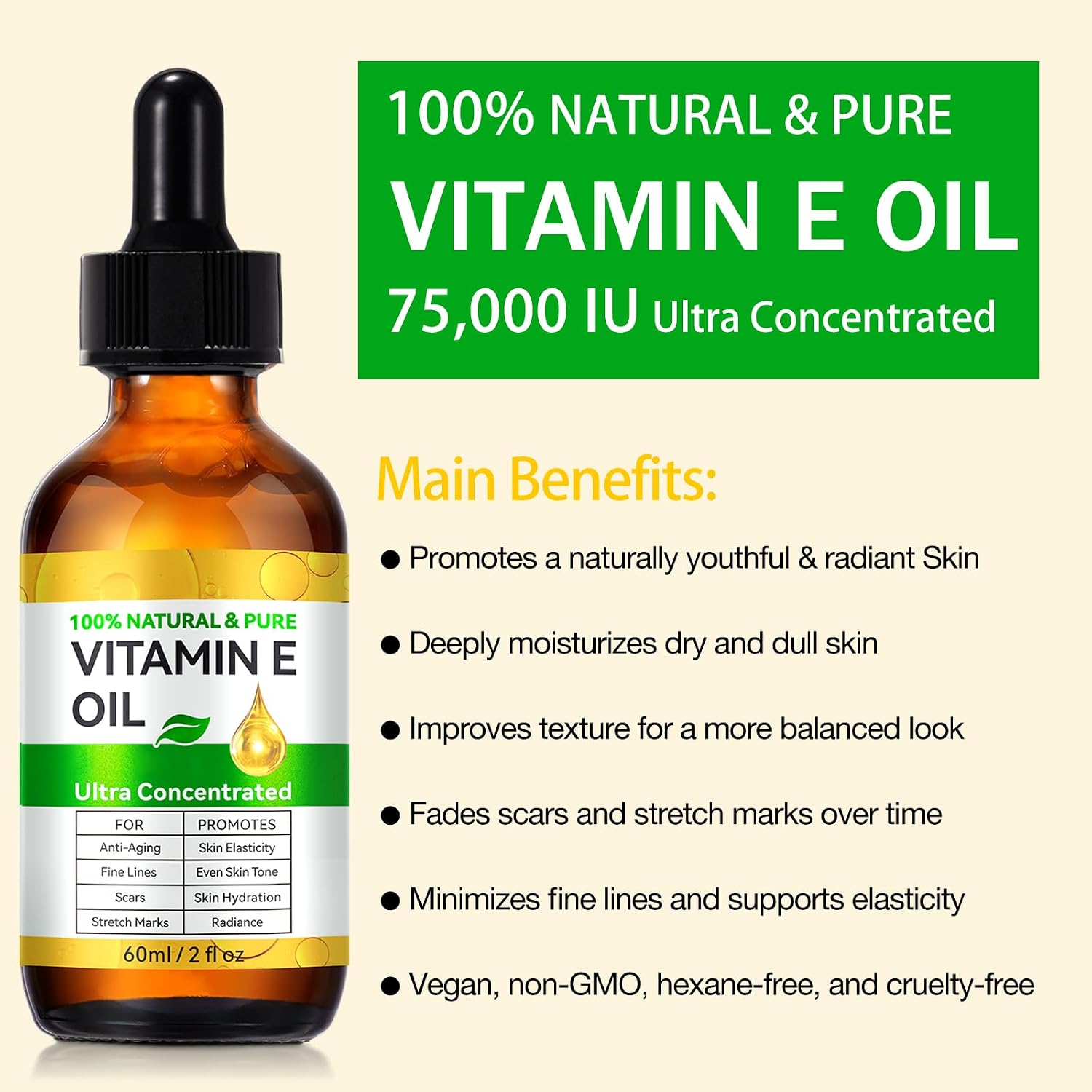 Flasture Vitamin E Oil 75,000 Iu – 100% Pure Natural Vitamin E For Skin, Face, Hair, Scars – Deep Moisturizing Body Oil For Dry Skin, Wrinkles – Cold-Pressed, Non-Gmo,Skincare – 2 Fl Oz