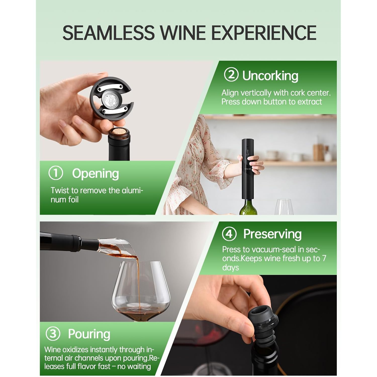 Circle Joy Electric Wine Opener Rechargeable, 7-In-1 Automatic Wine Bottle Opener Gift Set With Electric Vacuum Pump, Foil Cutter, Aerator Pourer, 2 Stoppers & Charging Base, Black