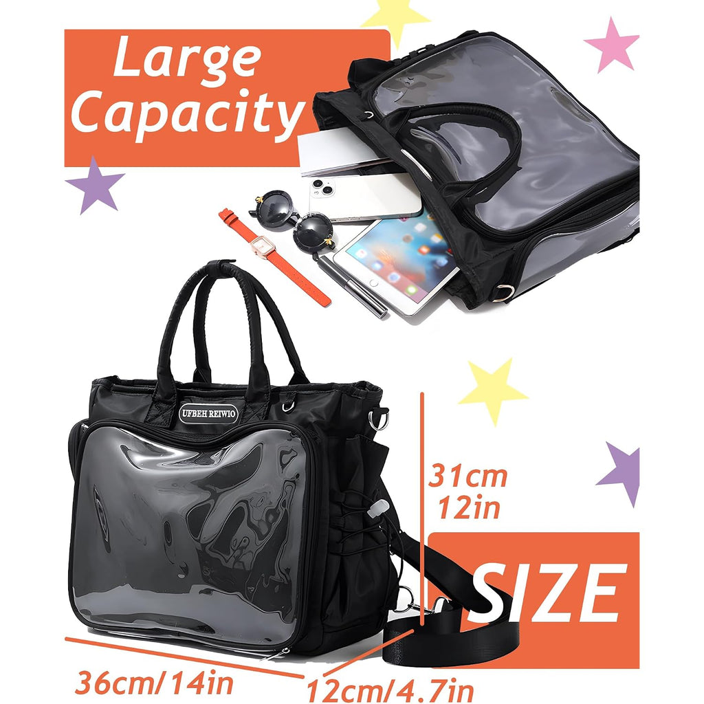 Large Ita Backpack Shoulder Tote Bag Crossbody Handbags With Insert,Kawaii Ita Purse,For Pin Display,Kpop Fan Anime (Pins Not Included) (Black)