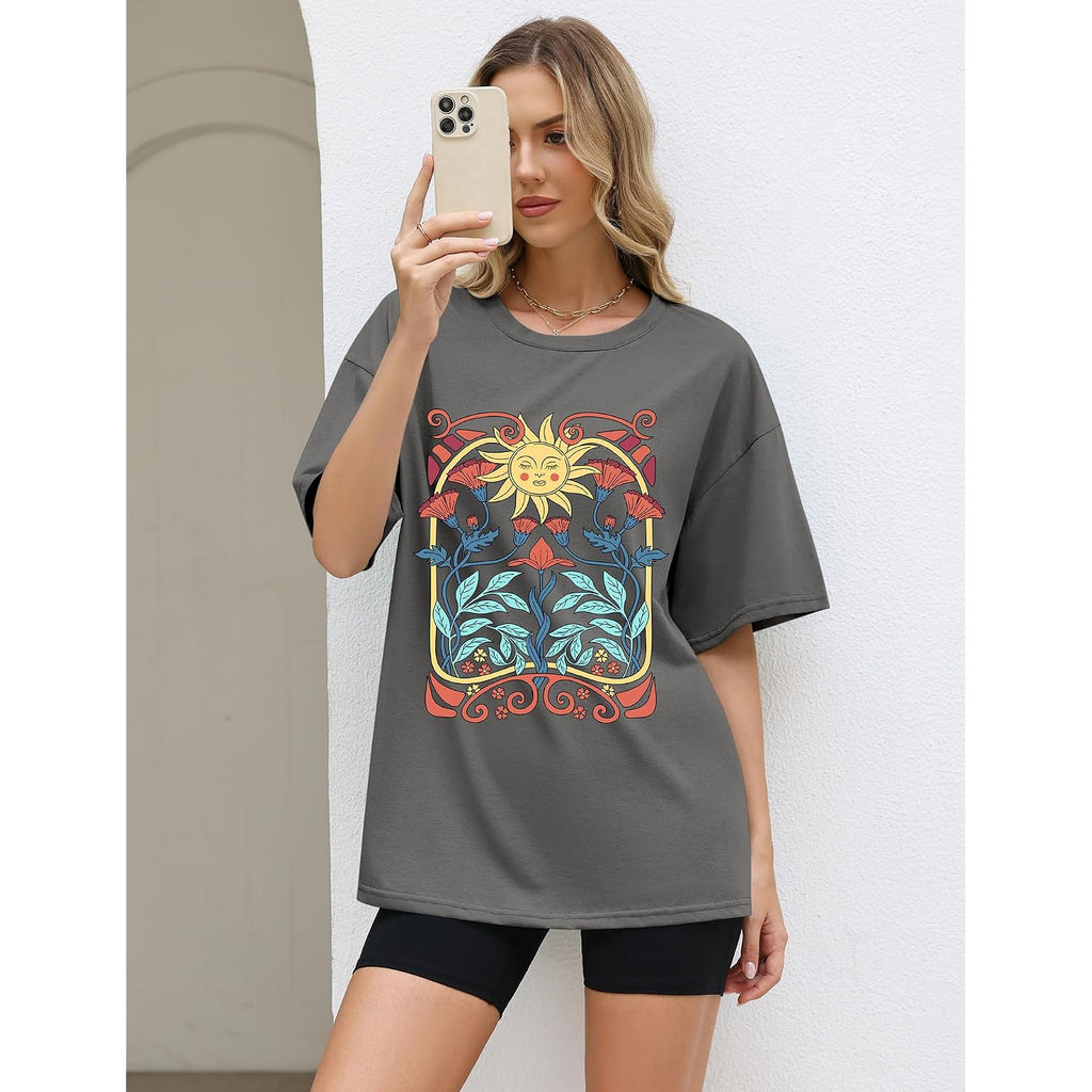 Lomon Oversized Graphic T Shirts For Women Short Sleeve Crewneck Summer Tops Loose Casual Basic Tees
