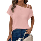 Dokotoo Womens Summer Tops Off One Shoulder Waffle Knit Short Sleeve T-Shirts Casual Lightweight Solid Color Blouses