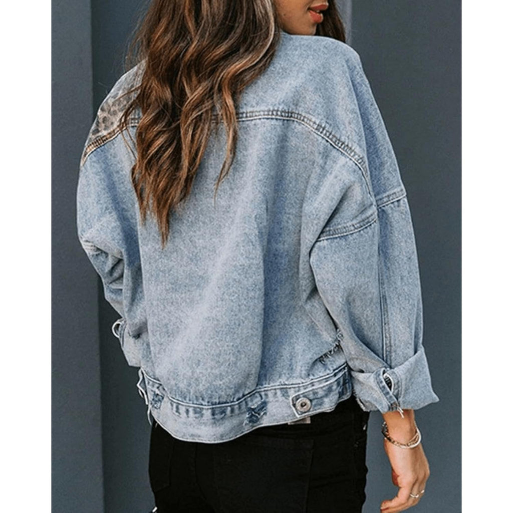 Rintonix Womens Button Down Distressed Leopard Denim Jean Jacket Washed Long Sleeve Ripped Cheetah Jean Coat