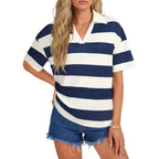 Women's Striped Polo Collar Tee Tops Blouses Loose Trendy Casual Short Sleeve