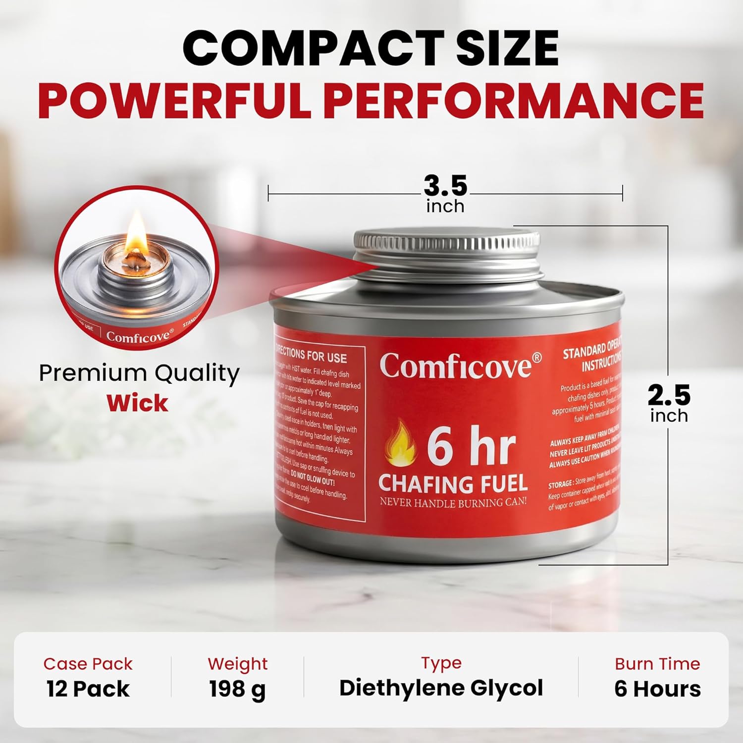 COMFICOVE 6 Hour Chafing Fuel Cans | 12 Pack Canned Heat Food Warmer Fuel Canister for Chafing Dish Buffet Set | Burners for Food Warmer with Wick