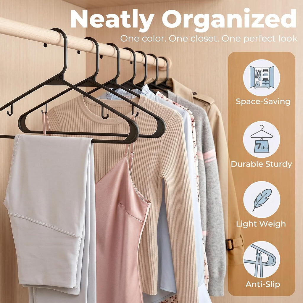 House Day Black Plastic Hangers 60 Pack, Clothes Hangers With Non Slip Hooks, Durable & Space Saving Coat Hanger, Light-Weight Clothing Hanger, Perfect Closet Organizer For Everyday Use