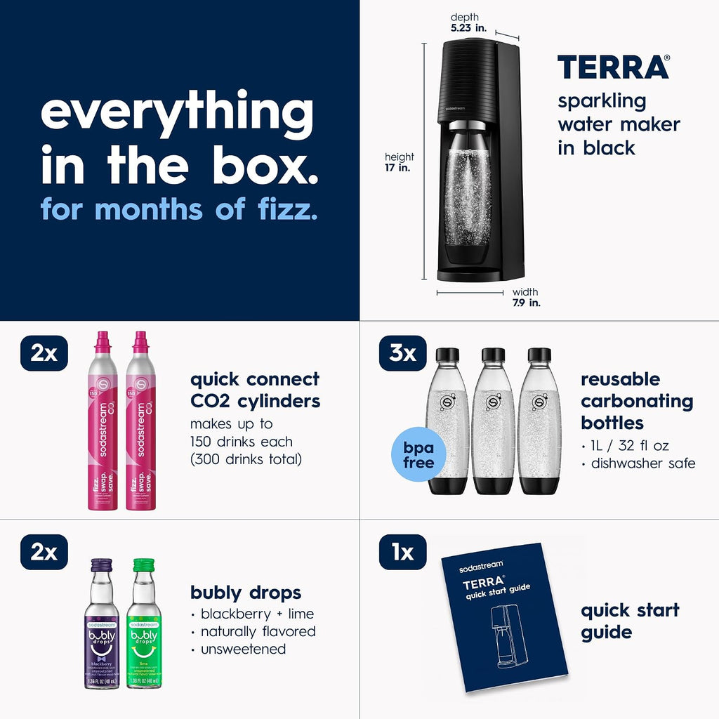 Sodastream Terra Sparkling Water Maker, Value Bundle, Cqc Co2 System, Includes 2 Quick Connect 60L Co2 Cylinders, 3 Dishwasher Safe Bpa Free Bottles, 2 Bubly Flavor Drops, Make Your Own Pepsi, Black