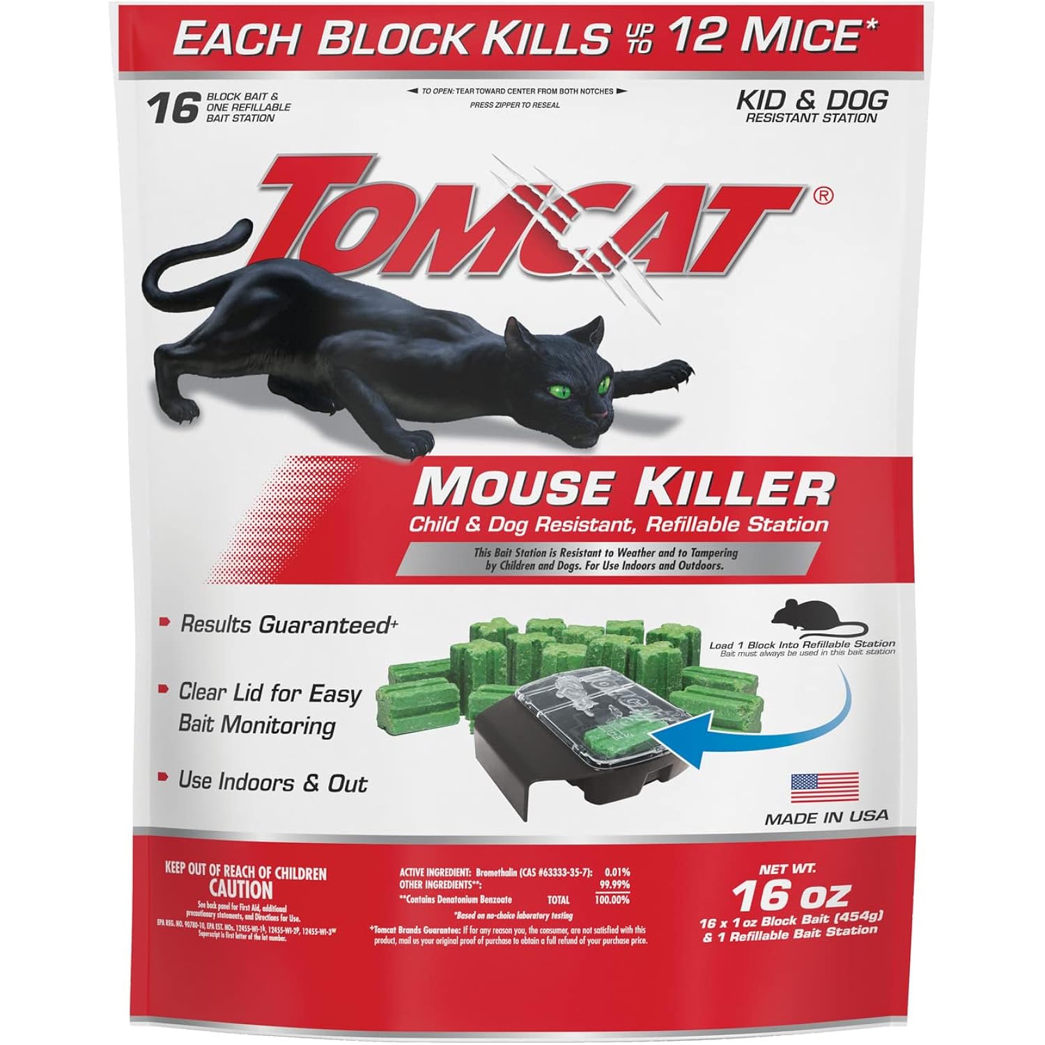 Tomcat Mouse Killer, Child & Dog Resistant, Refillable Station And 16 Baits | Weather-Resistant Indoor/Outdoor Bait Station With Clear Monitoring Lid, 1 Station And 16 Bait Blocks