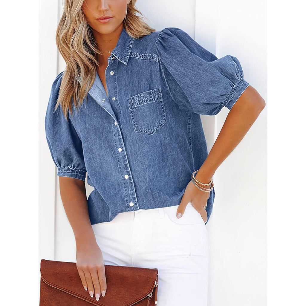 Women'S Casual Washed Distressed Puff Sleeve Denim Button Down Shirt Jean Jacket Coat
