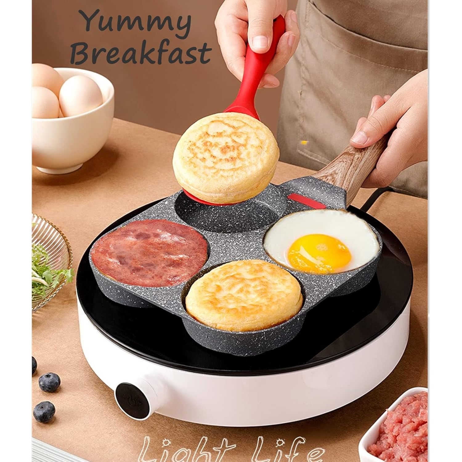 HUPECHAM 4-Cup Egg Pan Nonstick, and Granite Egg Frying Pan, Versatile Breakfast Skillet for Eggs, Pancakes, Plett, Crepes, Compatible with Gas Stove and Induction Cooktop