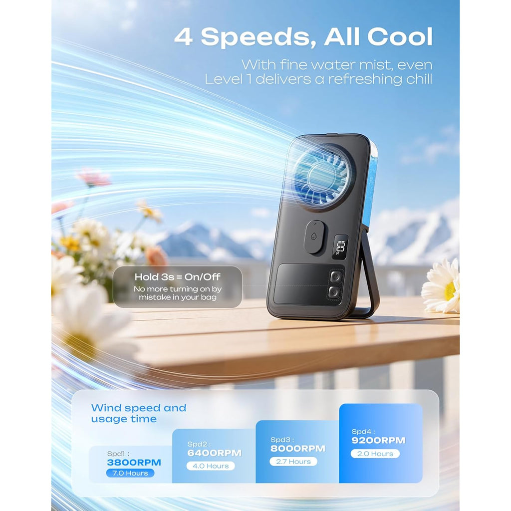 Otlonpe Mini Handheld Misting Fan Portable, Small Powerful Personal Cooling Mister Fan That Blow Cold Air, Slim Light Foldable, 4-Speed Rechargeable Portable Mist Fans, Water Spray, Hand Desk, Black