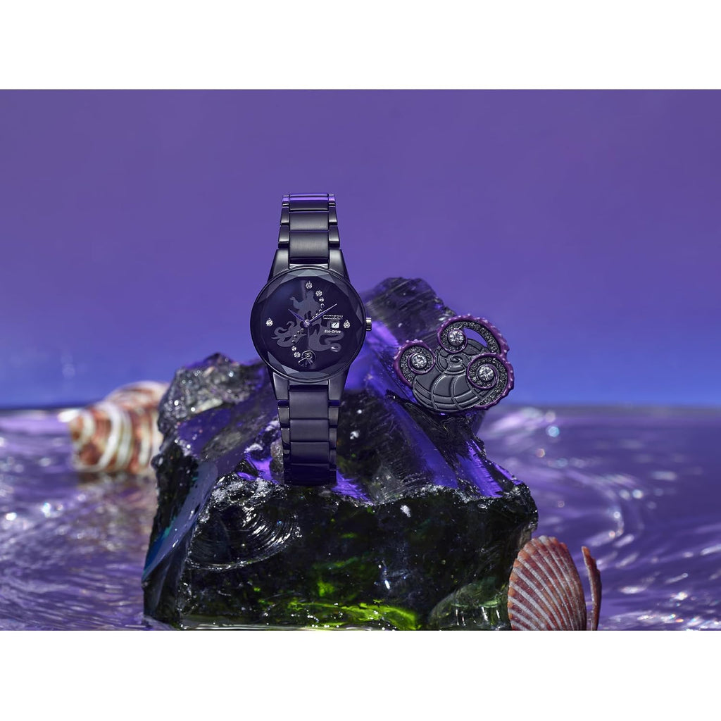 Citizen Women'S Eco-Drive Disney Villian Ursula Crystal Watch And Pin Gift Set In Black Ion Plated Watch, Black Dial (Model: Ga1075-68W)