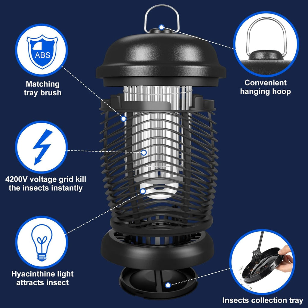 Bug Zapper Outdoor, 4200V Electric Mosquito & Fly Zapper, Black | Covers Up To 1/2 Acre, Fly Traps For Patio Backyard, 3 Prong Plug, 90-130V Abs Plastic Outer, Mosquito Killer