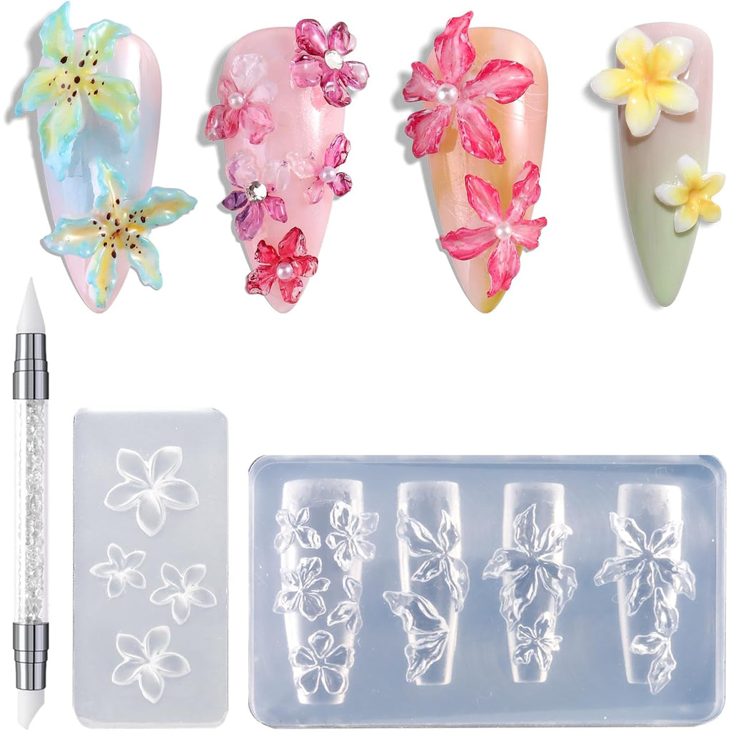 Silicone Nail Molds, 2PCS Reusable Clear 3D Flowers Nail Art Molds with Carving Pen Cherry Blossom Plumeria Hibiscus Flower Nail Design Manicure Template DIY Charms Resin Craft Accessories