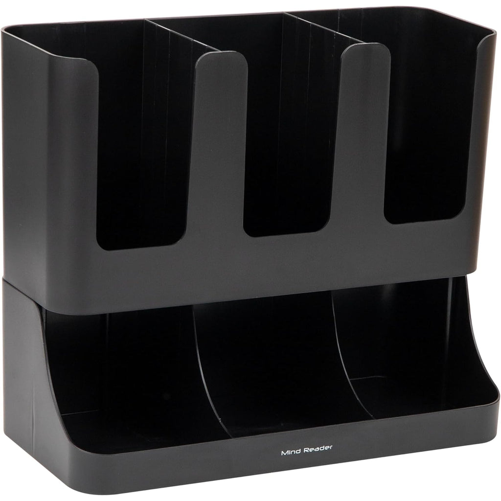 Mind Reader Condiment Station, 13 Inch Countertop Coffee Bar Organizer with 6 Compartments, Storage Caddy for Cups, Lids and Packets, Plastic, Black