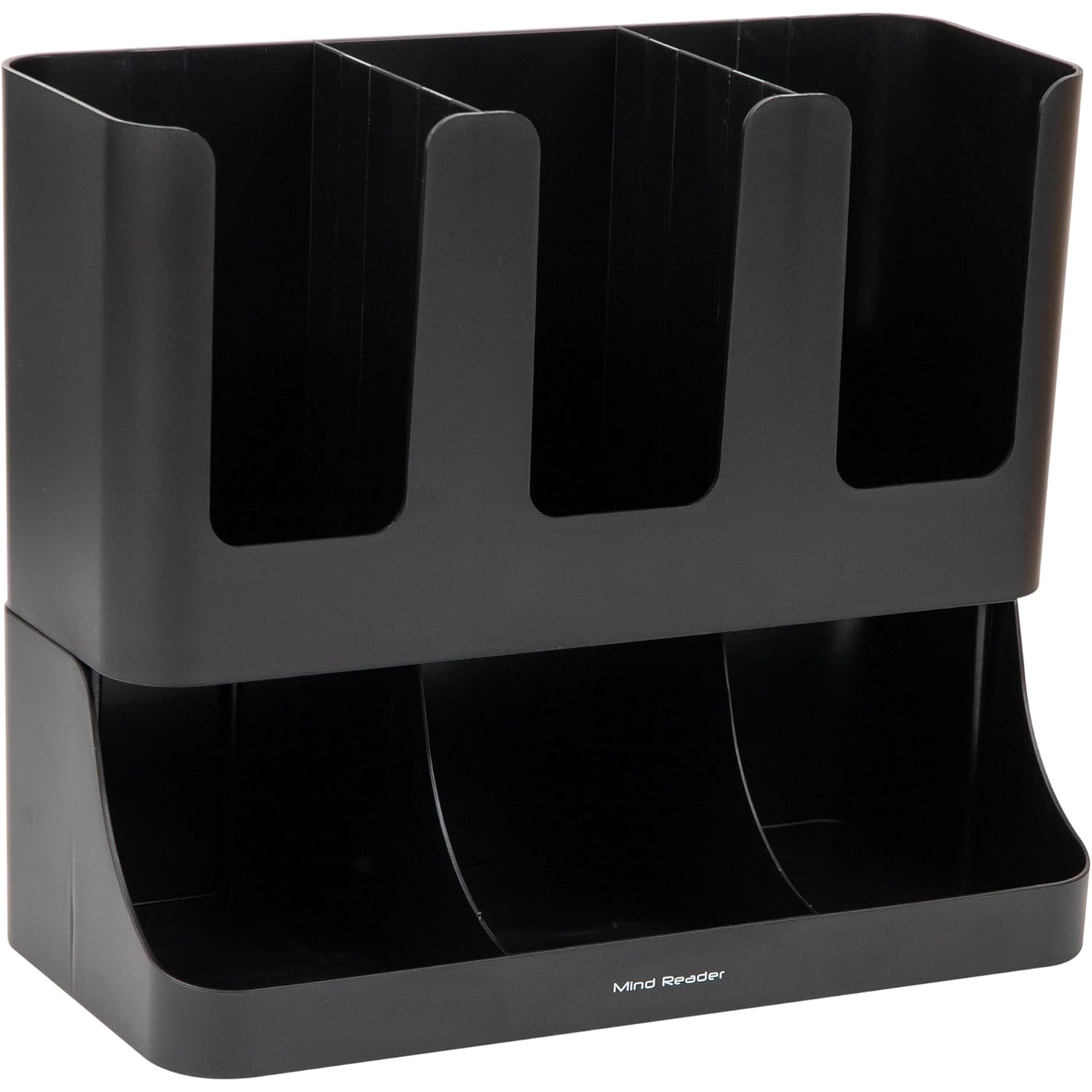 Mind Reader Condiment Station, 13 Inch Countertop Coffee Bar Organizer with 6 Compartments, Storage Caddy for Cups, Lids and Packets, Plastic, Black