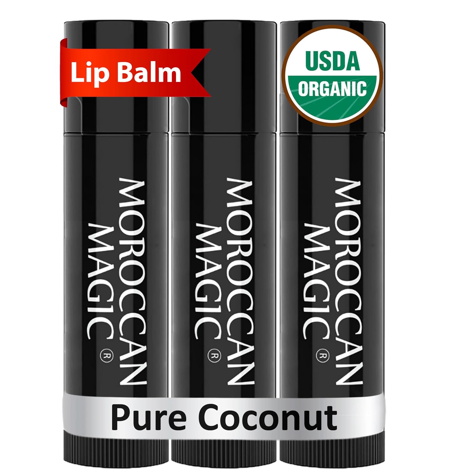 Moroccan Magic Organic Pure Coconut Lip Balm 3 Pack | Ultra-Hydrating Argan & Essential Oil Lip Moisturizer + Vitamin E | Natural Chapstick For Dry Lips | Smooth, Non-Toxic | Organic Lip Balm