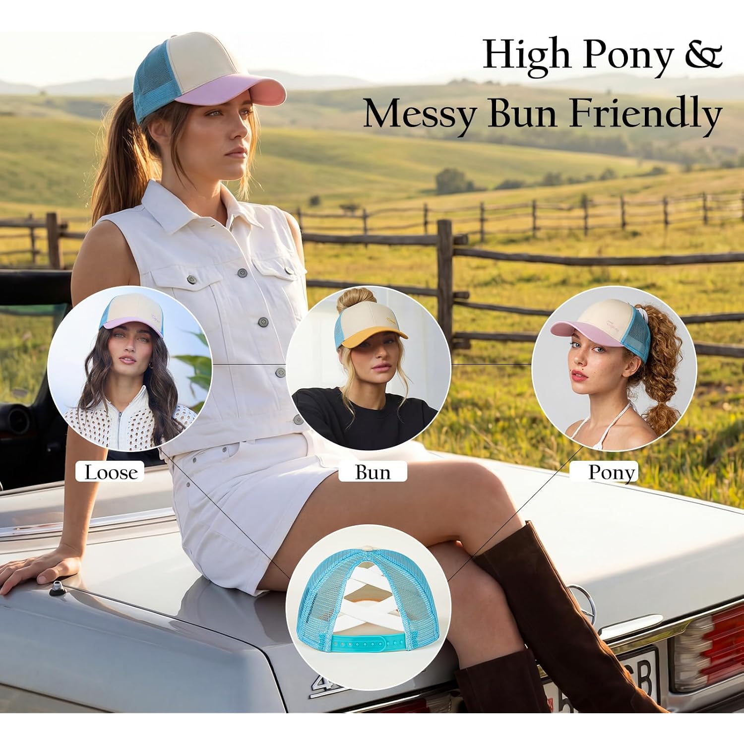 TOP-EX ChicPony™ S/M M/L High & Low Ponytail Beach Golf Snapback Trucker Hats for Women Girls Summer Cute Sunset Glow