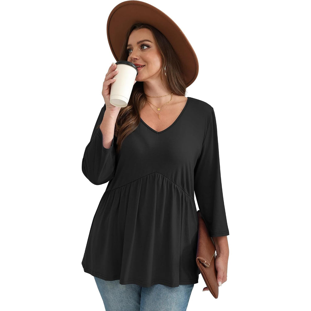 Ofeefan 3/4 Length Sleeve Womens Tops 2025 Blouses For Women Dressy Casual Fashion Clothing V Neck Babydoll Tops Fall Outfits