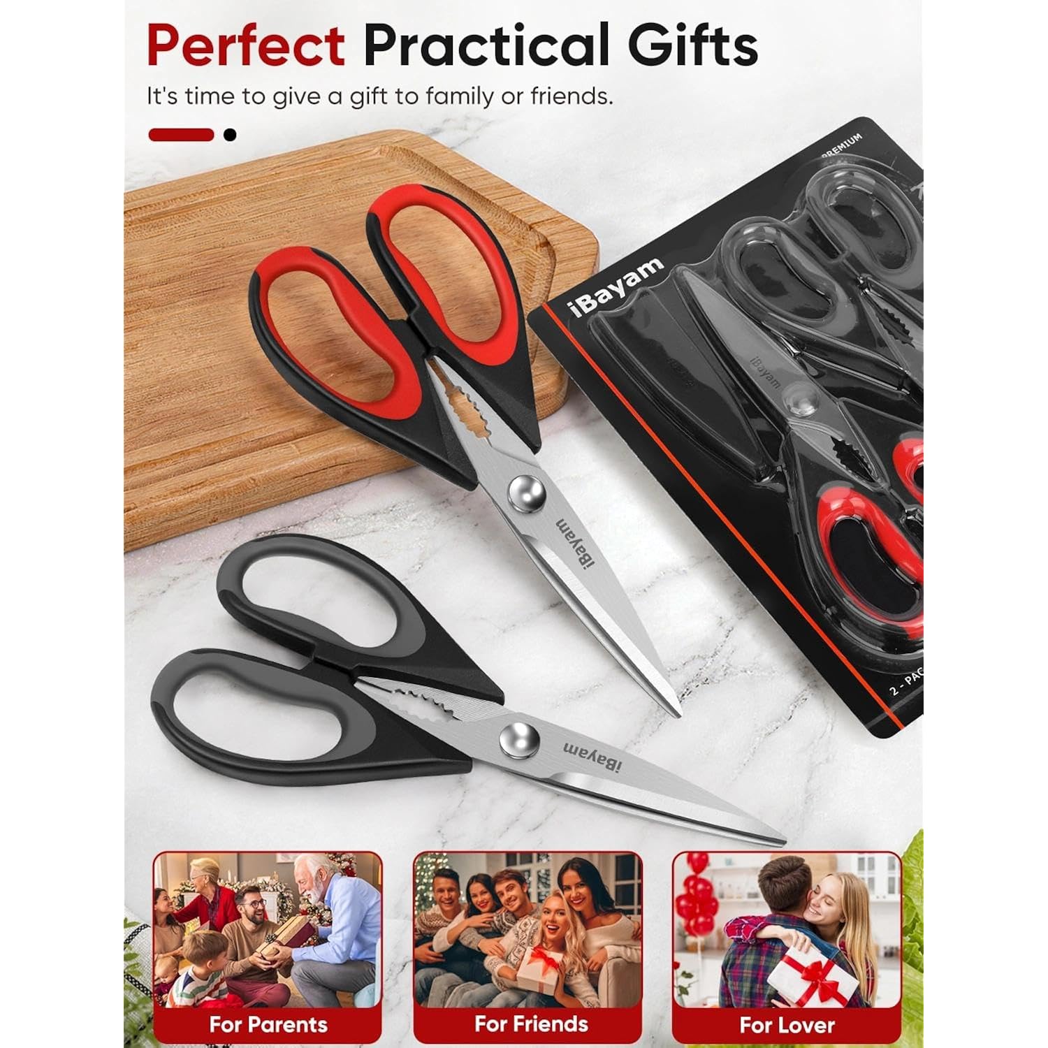 Ibayam Kitchen Scissors Shears All Purpose Heavy Duty, Protective Sheath | 2-Pack, Ultra-Sharp Stainless Blades, Soft Comfort-Grip, Dishwasher Safe, Cutting Food Cooking Meat Poultry Kitchen Utensils