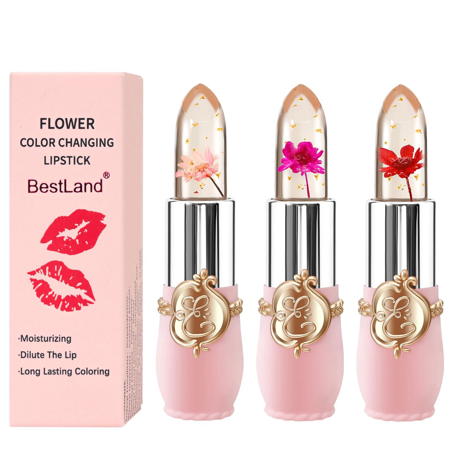 Bestland 3 Pcs/Set Flower Jelly Lipstick Set Temperature Change Moisturizer Long Lasting Nutritious Balm Magic Color Change Lip Gloss (3Pcs Flower Jelly Lipstick 010203)
