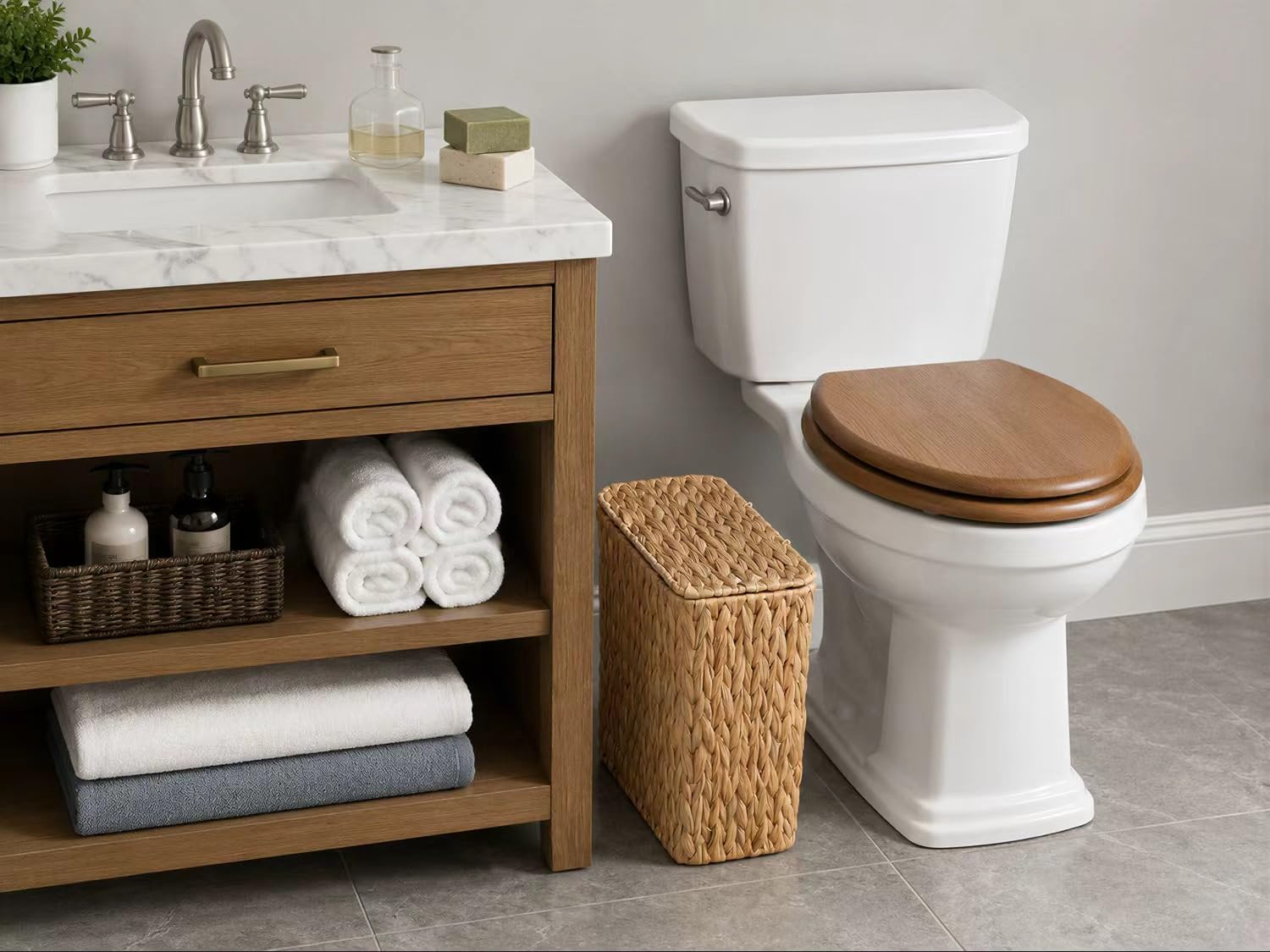 3 Gallon Wicker Trash Can,Small Bathroom Trash Can With Lid,Natural Water Hyacinth Wicker Waste Basket For Bedroom,Toilet,Narrow Garbage Can With Removable Liner