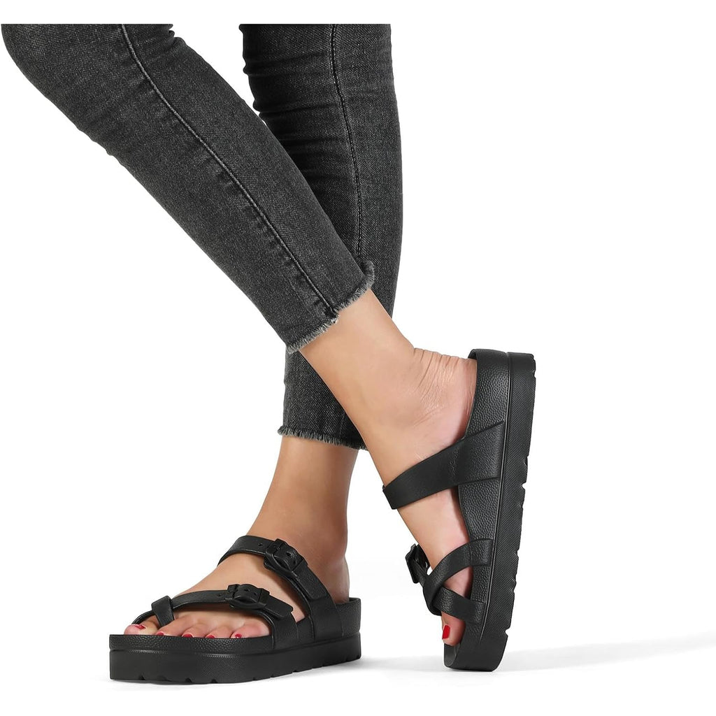 Womens Arch Support Platform Sandals Comfort Slides Thick Soles Flat Sandals With Adjustable Buckle & Ultra Cushion