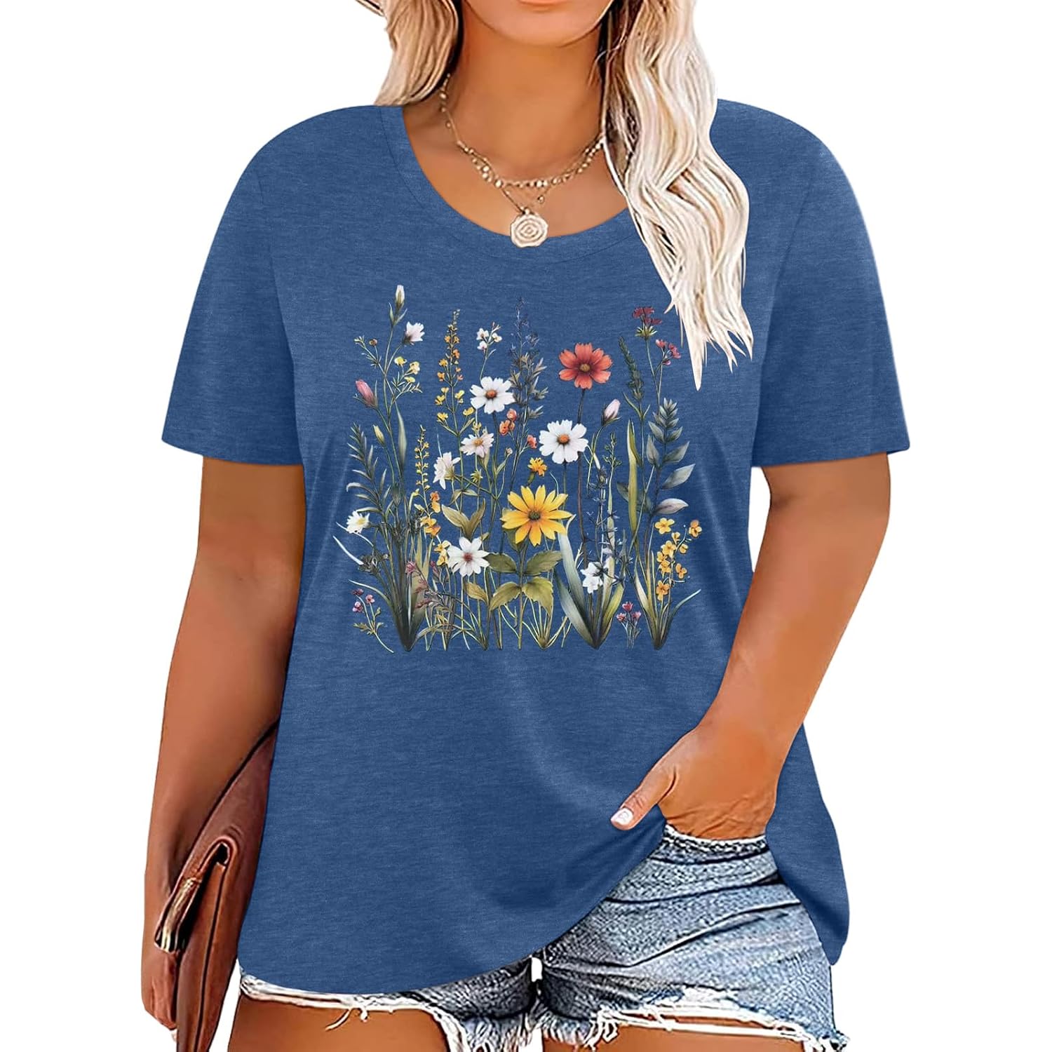 Plus Size Tshirts for Women Graphic Tees Vintage Flower Casual T Shirt Short Sleeve Top Loose Fit Tee Blue 02