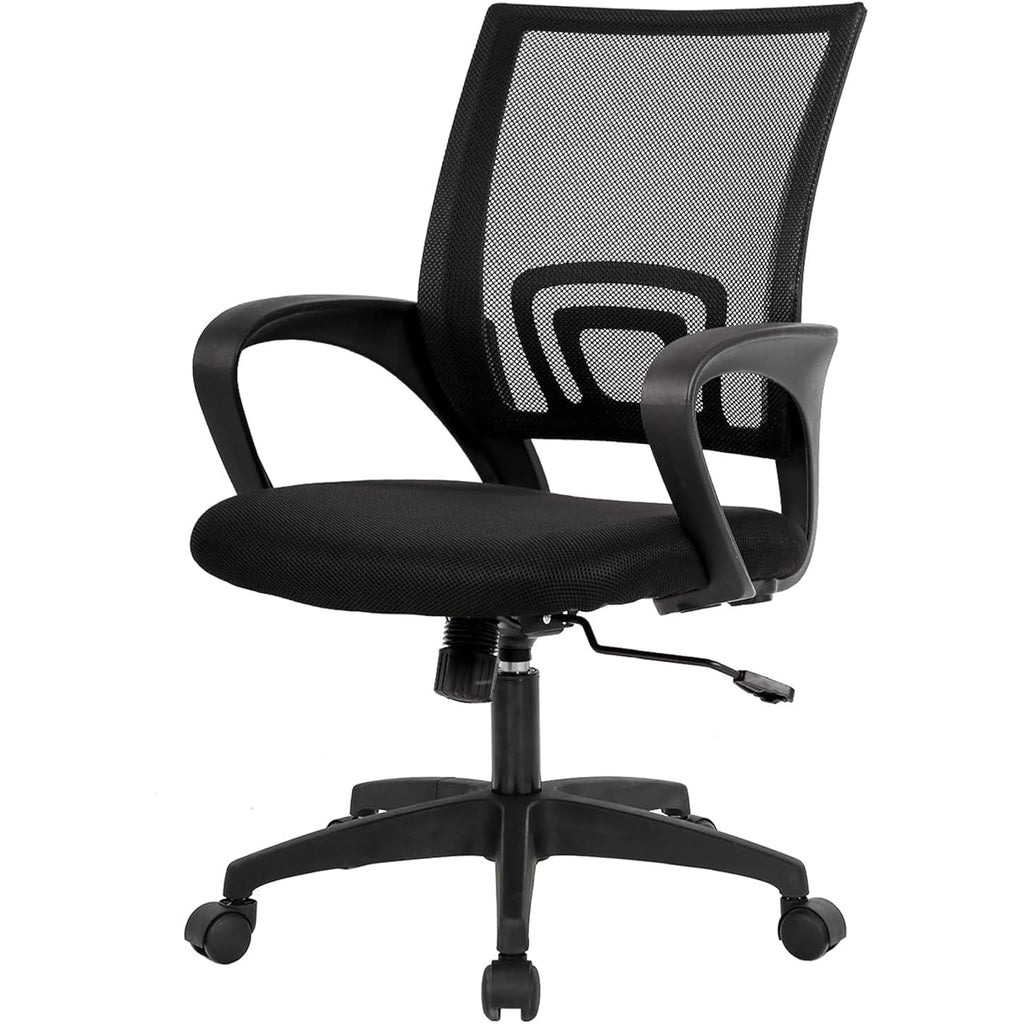 BestOffice | Ergonomic Office Chair | Mid-Back Swivel Desk Chair | Breathable Backrest & Lumbar Support | Adjustable Height | Sponge Seat | Rolling Wheels | Dark Black | for Adults & Women