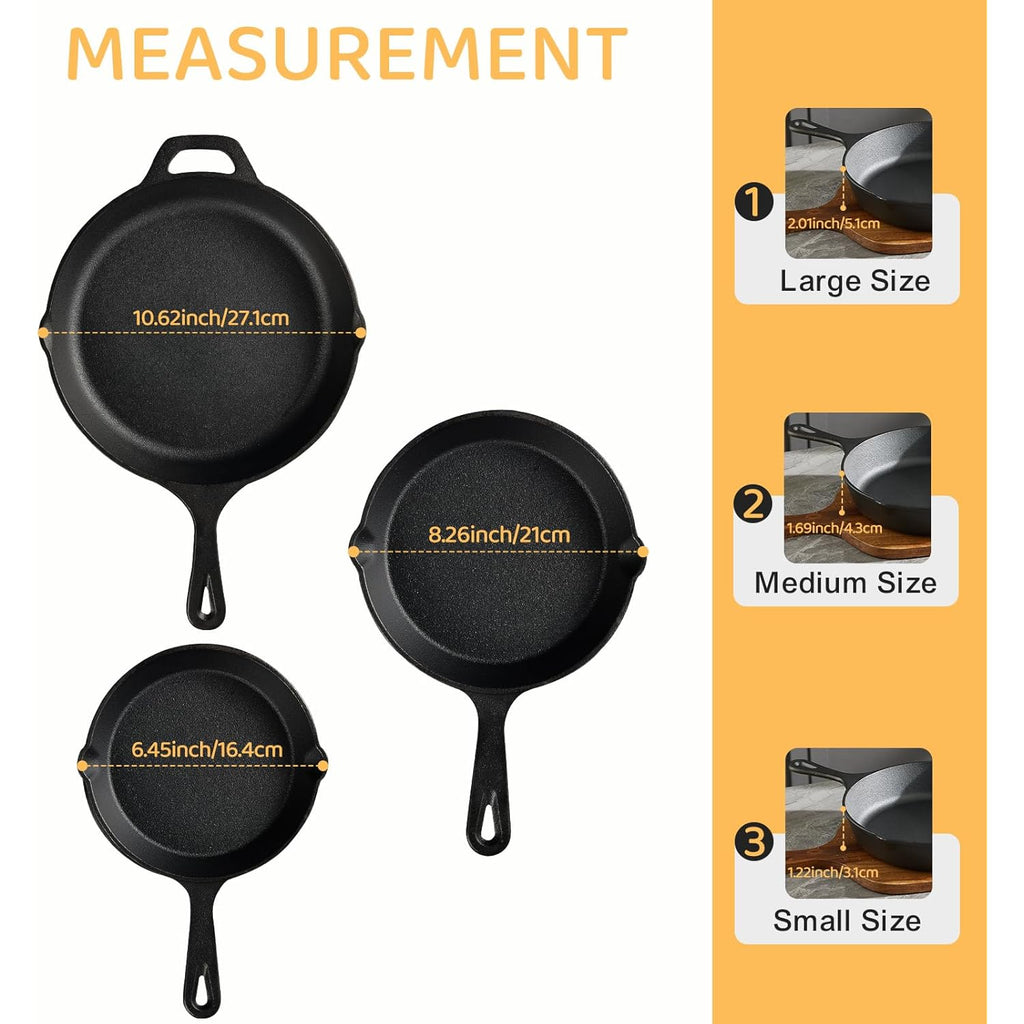 EWFEN Cast Iron Skillet 3-Piece Set, Heavy-Duty Professional Restaurant Chef Quality Pre-Seasoned Pan Cookware Set, 6", 8", 10" Pans For Frying, Saute, Cooking, Use Indoor/Outdoor, Oven, Grill