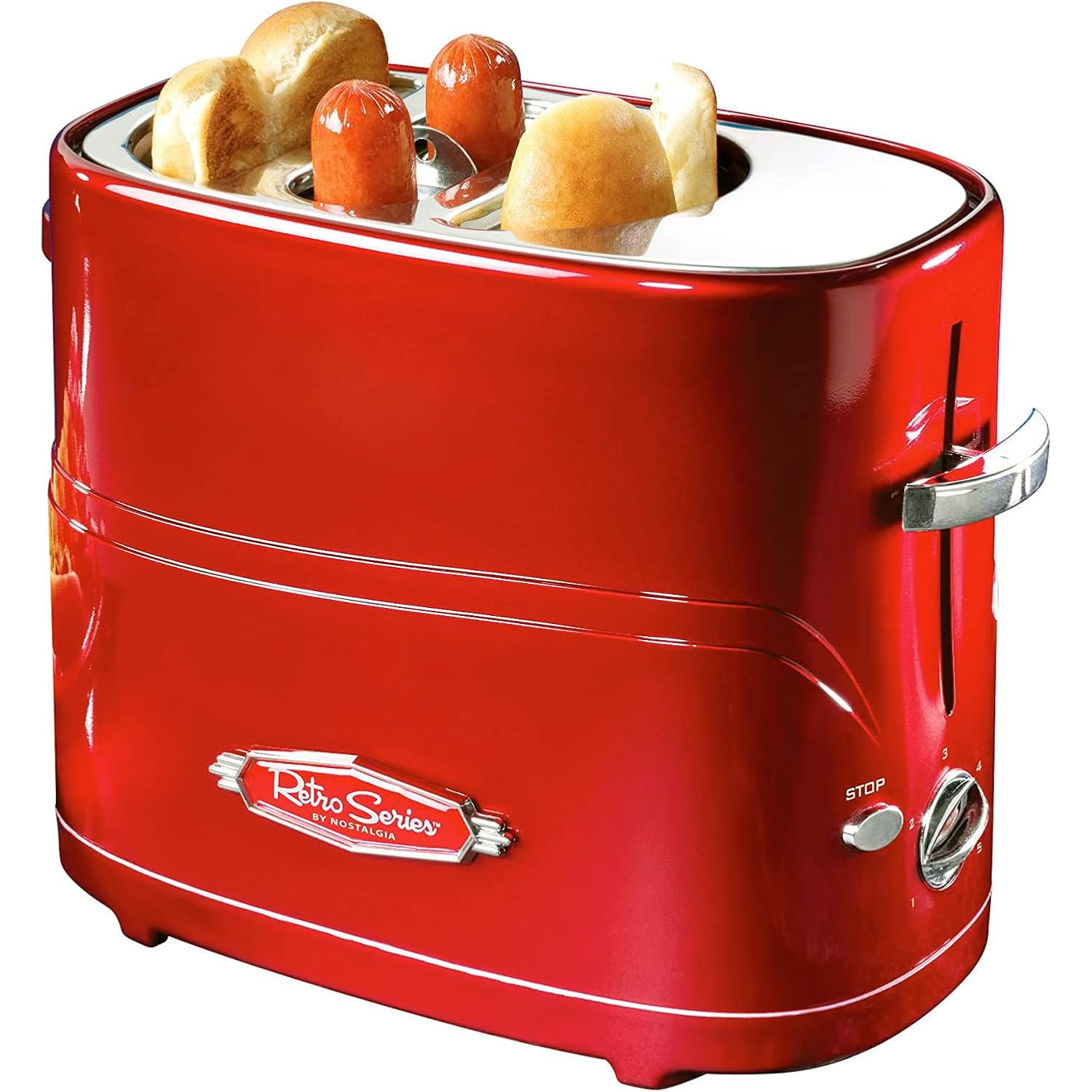 Nostalgia HDT600RETRORED Retro Pop-Up 2 Hot Dog and Bun Toaster, With Mini Tongs, Works With Chicken Dogs, Turkey Dogs, Veggie Links, Sausages and Brats