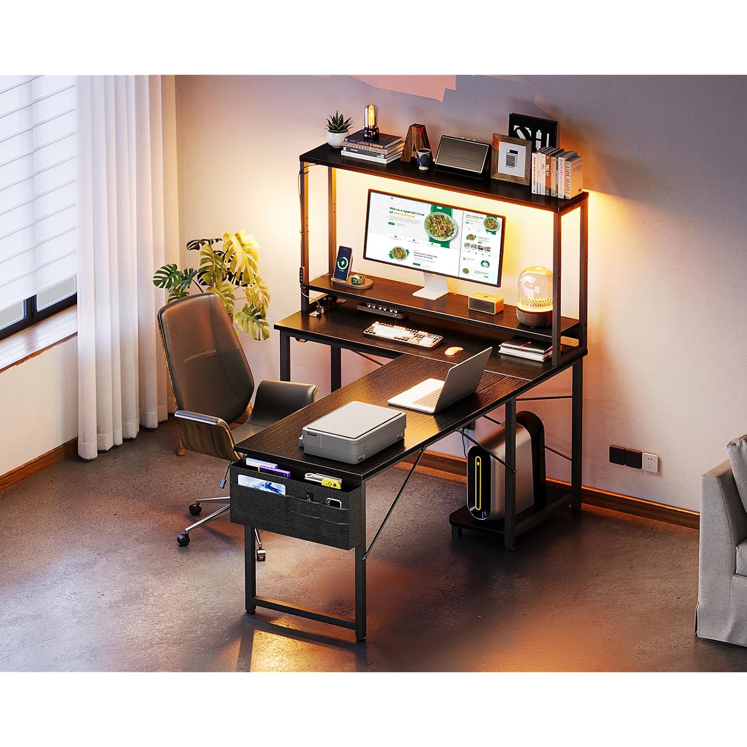 Odk 53 Inch L Shaped Gaming Desk With Led Lighting, Reversible Desk With Power Outlets, Cornor Computer Table With Storage Shelves & Bag & Iron Hook, Home Office Table For Writing, Study, Black