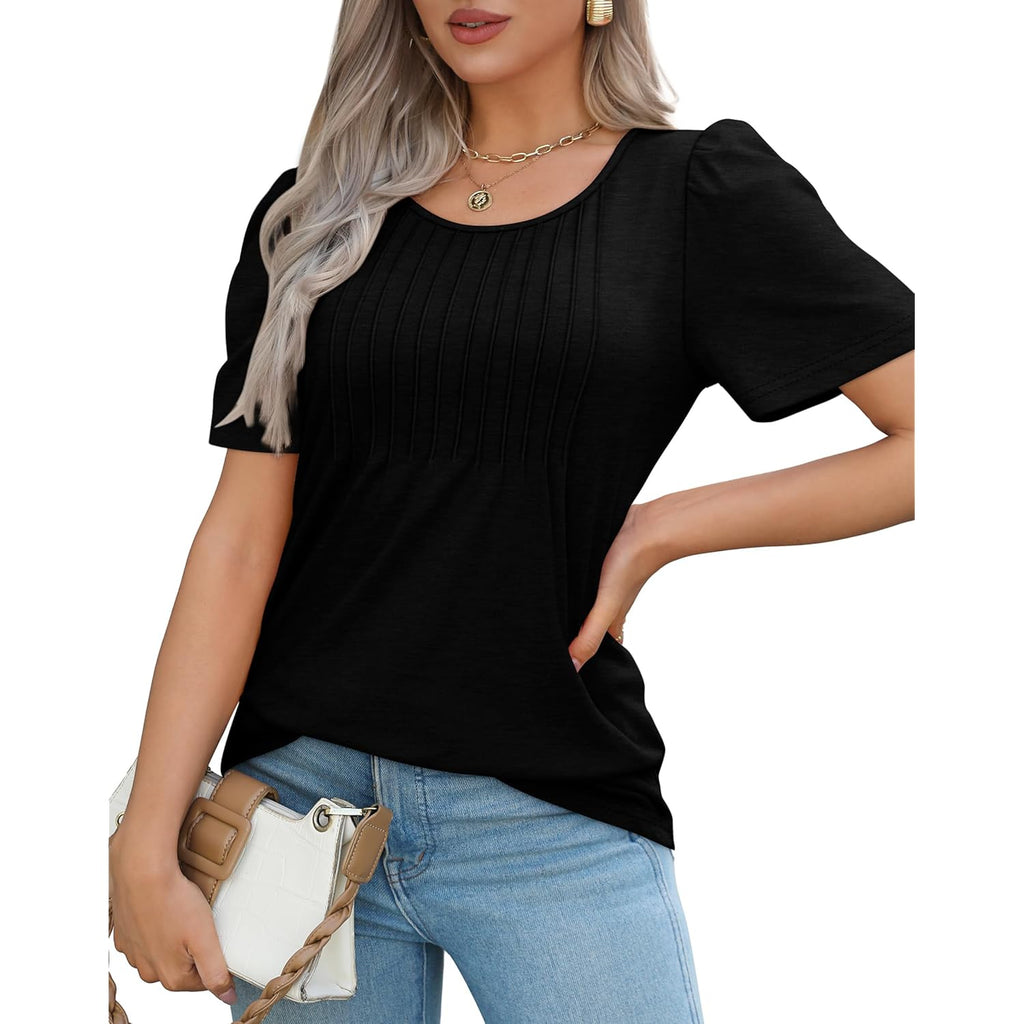 Womens T Shirts Short Sleeve Pleated Dressy Casual Scooped Neck Summer Tops Blouses