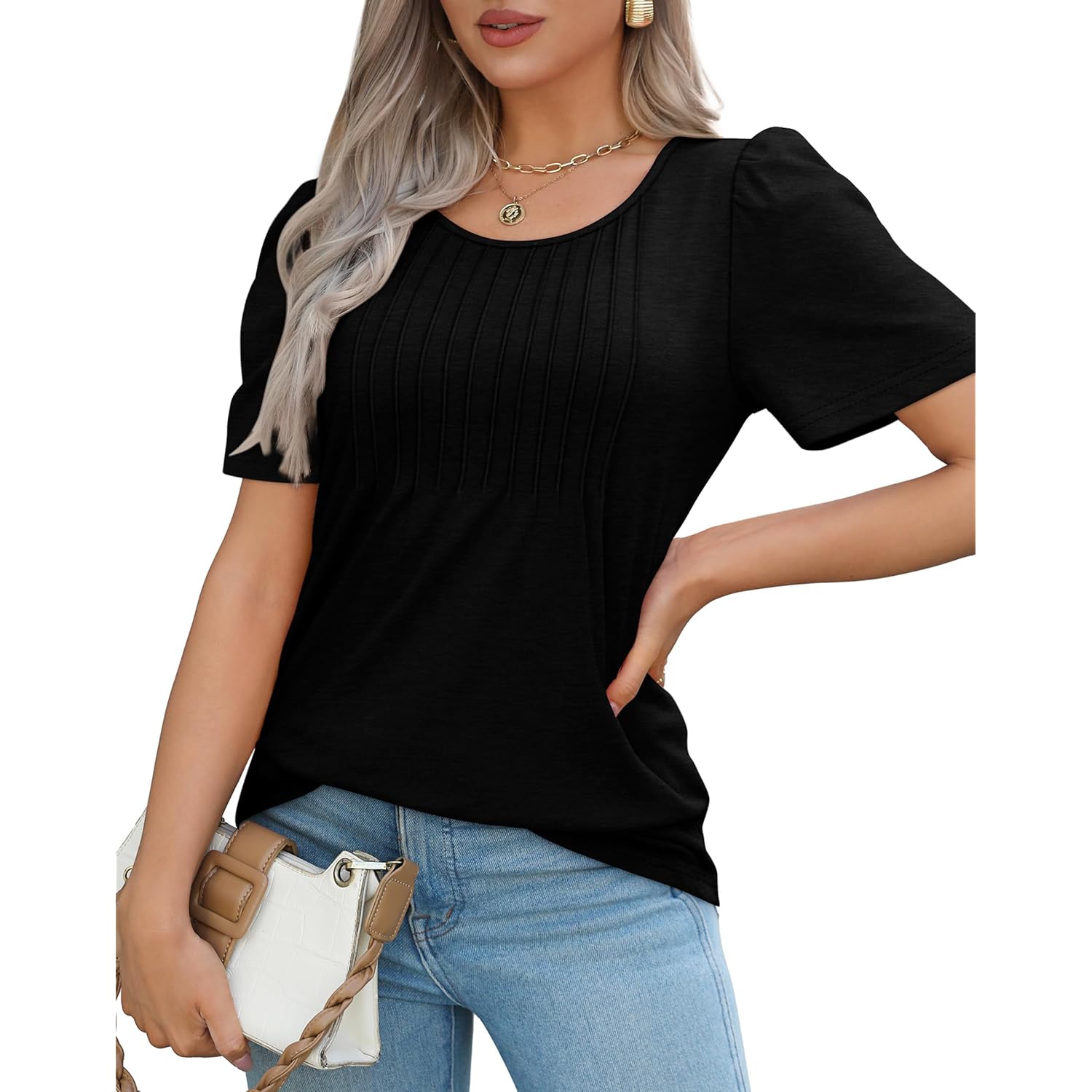 Womens T Shirts Short Sleeve Pleated Dressy Casual Scooped Neck Summer Tops Blouses
