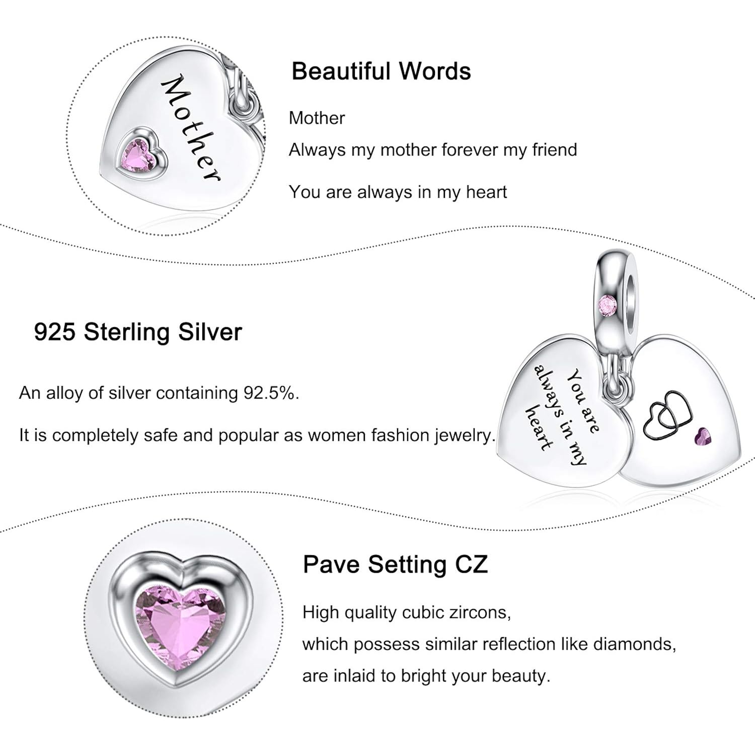 JIAYIQI Mother Sister Daughter Wife Charms Fit Charms Bracelet Necklace with Double Heart Love Charms 925 Sterling Silver Beads for Women Jewelry