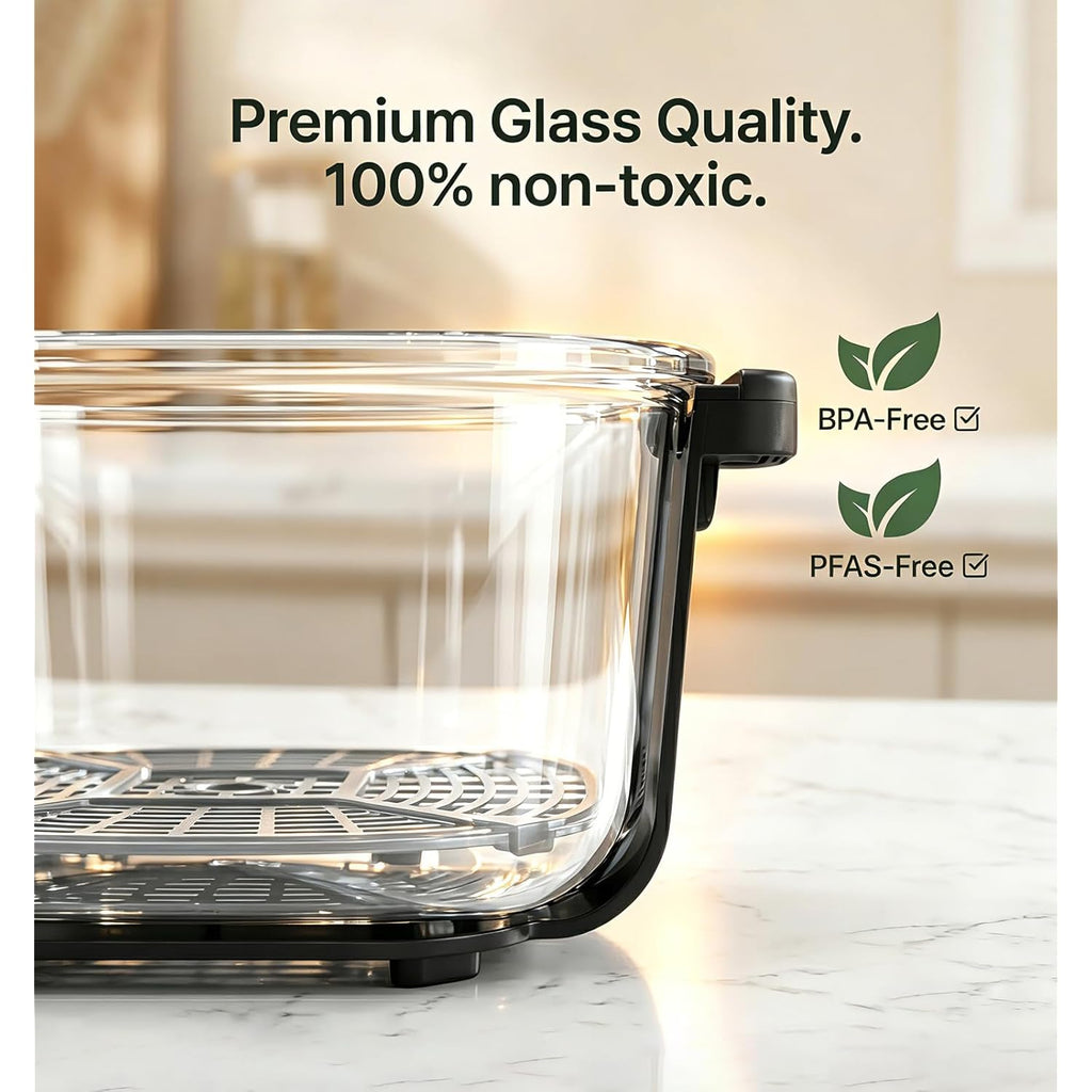 5-in-1 Glass Air Fryer for Healthy Oil-Free Cooking, Portable 1500W Countertop Cooker with 4QT & 6-Cup Glass Bowl, Non-Toxic Design & Dishwasher Safe for Single & Family Meals