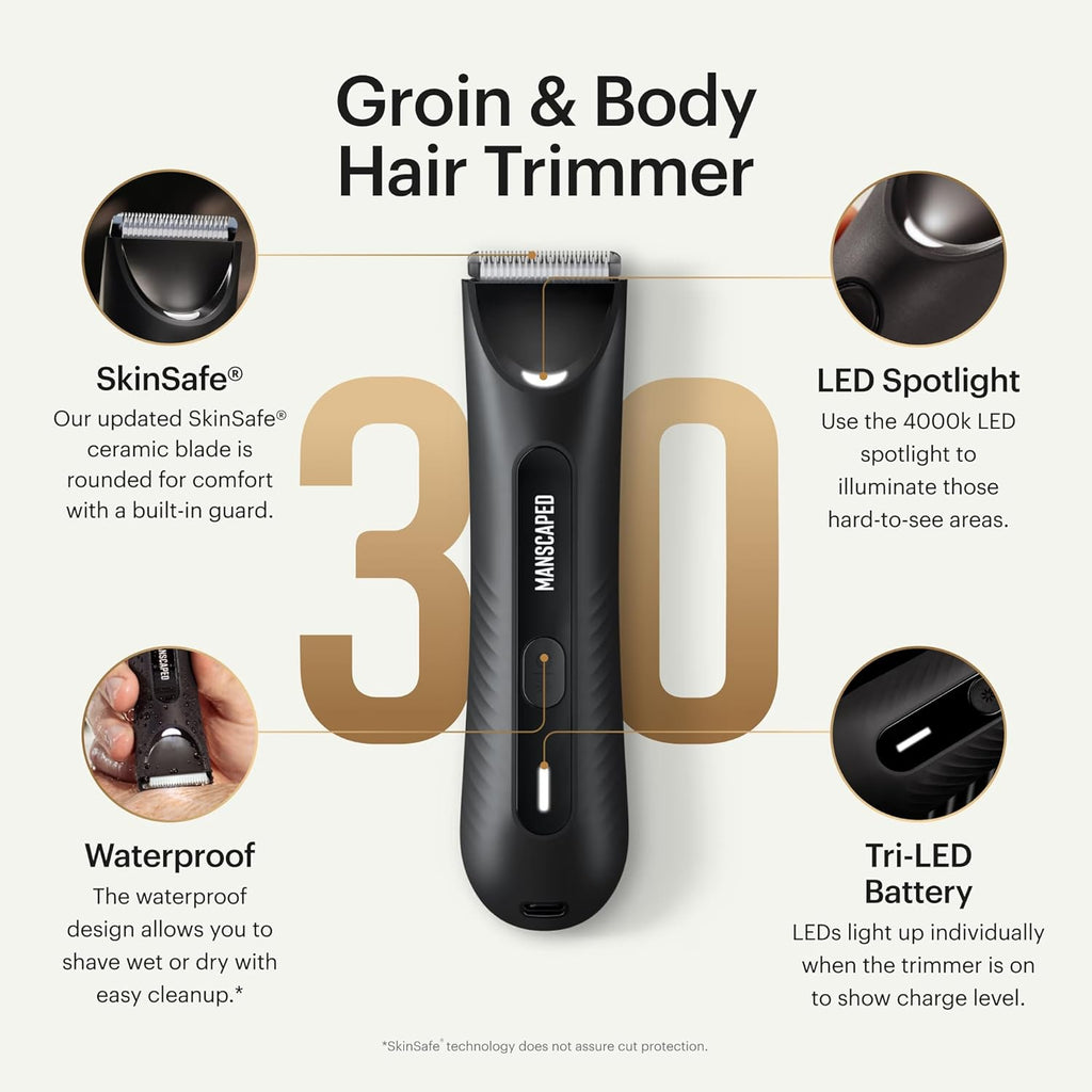 MANSCAPED® The Lawn Mower® 3.0 Plus Groin & Body Hair Trimmer – Updated SkinSafe® Trimmer Blade, Waterproof Wet/Dry Groomer, USB-C Rechargeable, Men’s Wireless Ball Shaver, Tuxedo Black