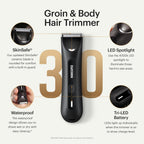 MANSCAPED® The Lawn Mower® 3.0 Plus Groin & Body Hair Trimmer – Updated SkinSafe® Trimmer Blade, Waterproof Wet/Dry Groomer, USB-C Rechargeable, Men’s Wireless Ball Shaver, Tuxedo Black