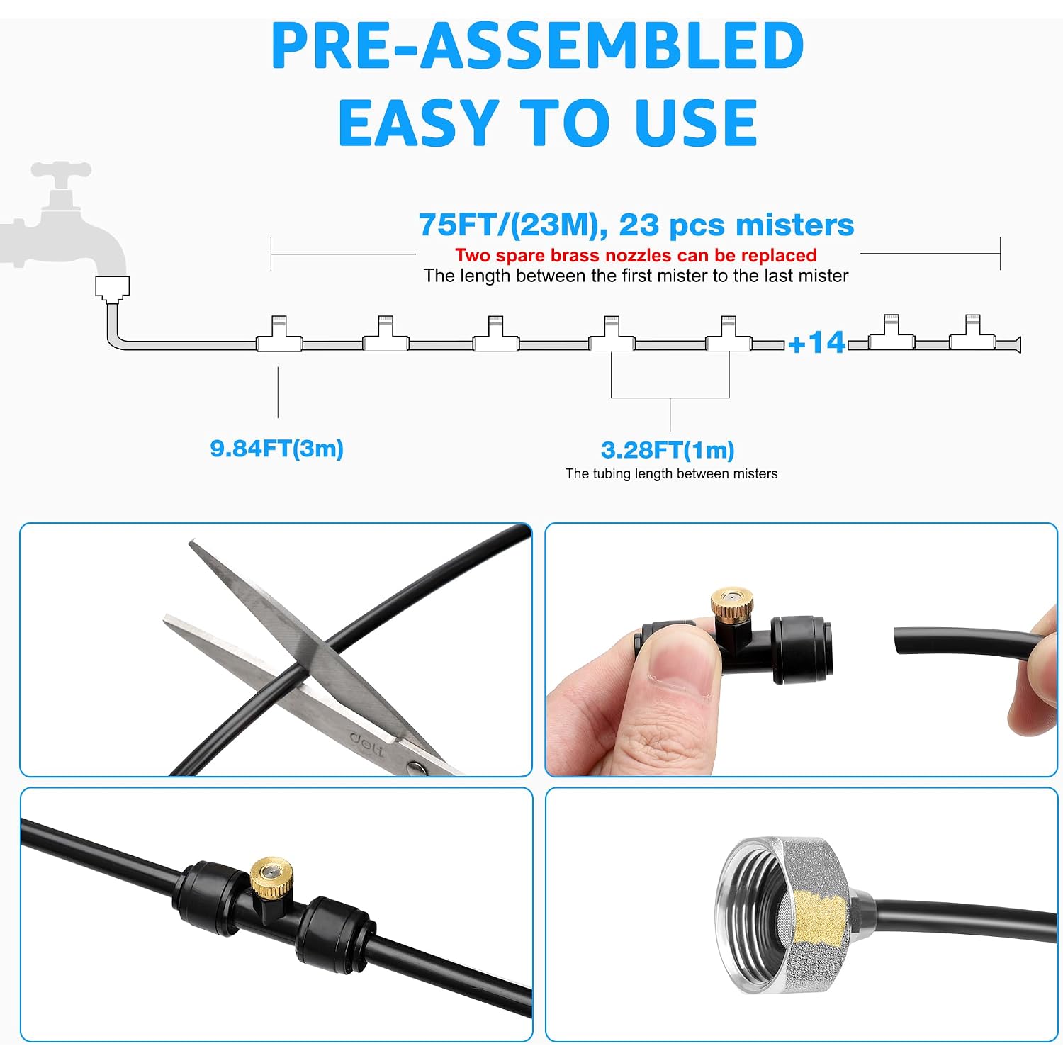 Mixc Misters For Outside Patio, 75Ft (23M) Misting Line+23 Mist Nozzles+3/4" Brass Adapter, Outdoor Misting Cooling System For Patio Backyard Garden Greenhouse Horse Corral
