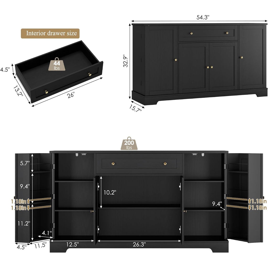 Hostack 54"W Kitchen Buffet Cabinet With Storage, Coffee Bar Cabinet, Black | Dual Swing-Out Door Racks, Large Drawer & Adjustable Shelves, Modern Sideboard Storage Cabinet For Dining Room, Living Room