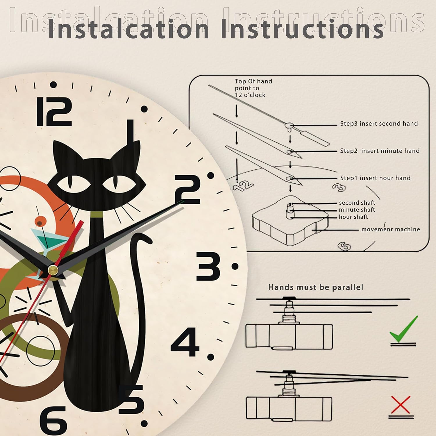 Wall Clock, Black Cat Wall Clocks Wooden Wall Clock Art Hanging Clocks Silent Non-Ticking Wall Clock Battery Operated Round Home Arabic Numeral Decorative Wall Clocks 10 Inch