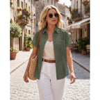Keriffe Short Sleeve Button Down Cotton Gauze Casual Shirts For Women | Summer Linen Tops ,Loose Fit Shirts,Pockets