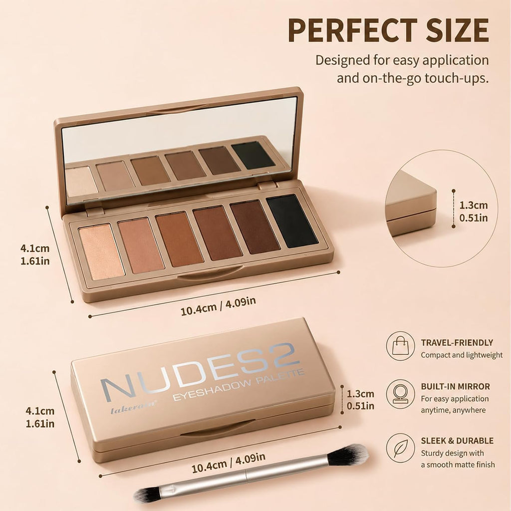 Eyeshadow Palette, 6-Color Brown Shades With 2 Brushes For Daily | Neutral Eyeshadow Palette,Travel, Daily Use, Easy To Clean,Portable,Makes A Great Gift