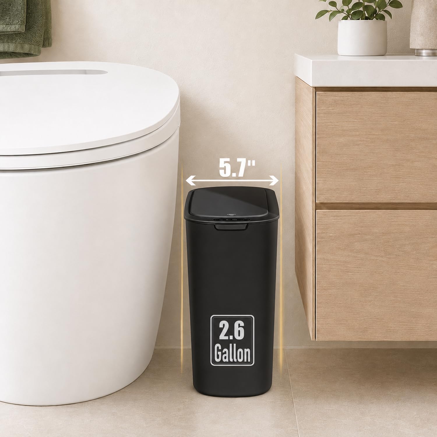 Tipgo Automatic Motion Sensor Bathroom Trash Can With Lid, 2.6 Gallon Touchless Trash Bin, Smart Garbage Can Plastic Slim Wastebasket For Bedroom, Office, Dorm (Black)